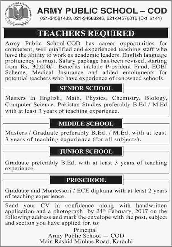 Army Public School COD Karachi Jobs 2017 February for Teachers Latest