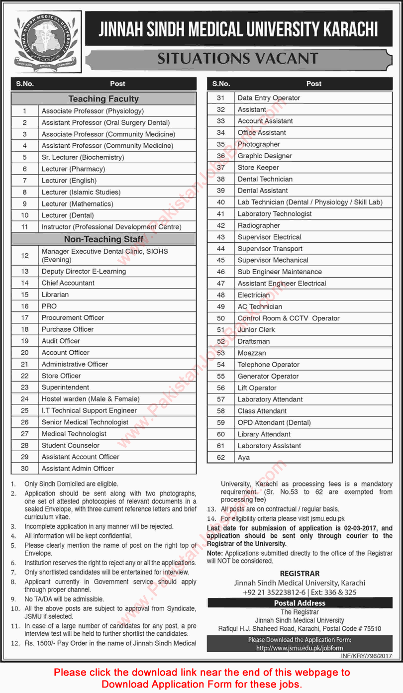 Jinnah Sindh Medical University Karachi Jobs 2017 February JSMU Application Form Teaching Faculty & Others Latest