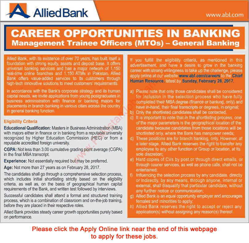 Allied Bank Jobs February 2017 Apply Online Management Trainee Officers MTO Latest