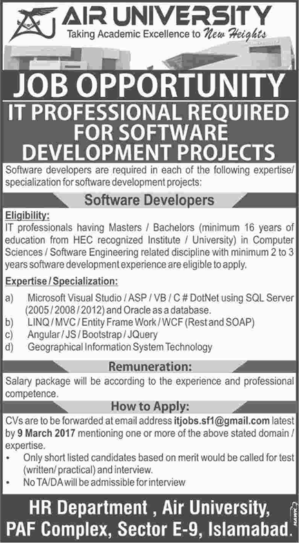 Software Developer Jobs in Air University Islamabad 2017 February Latest