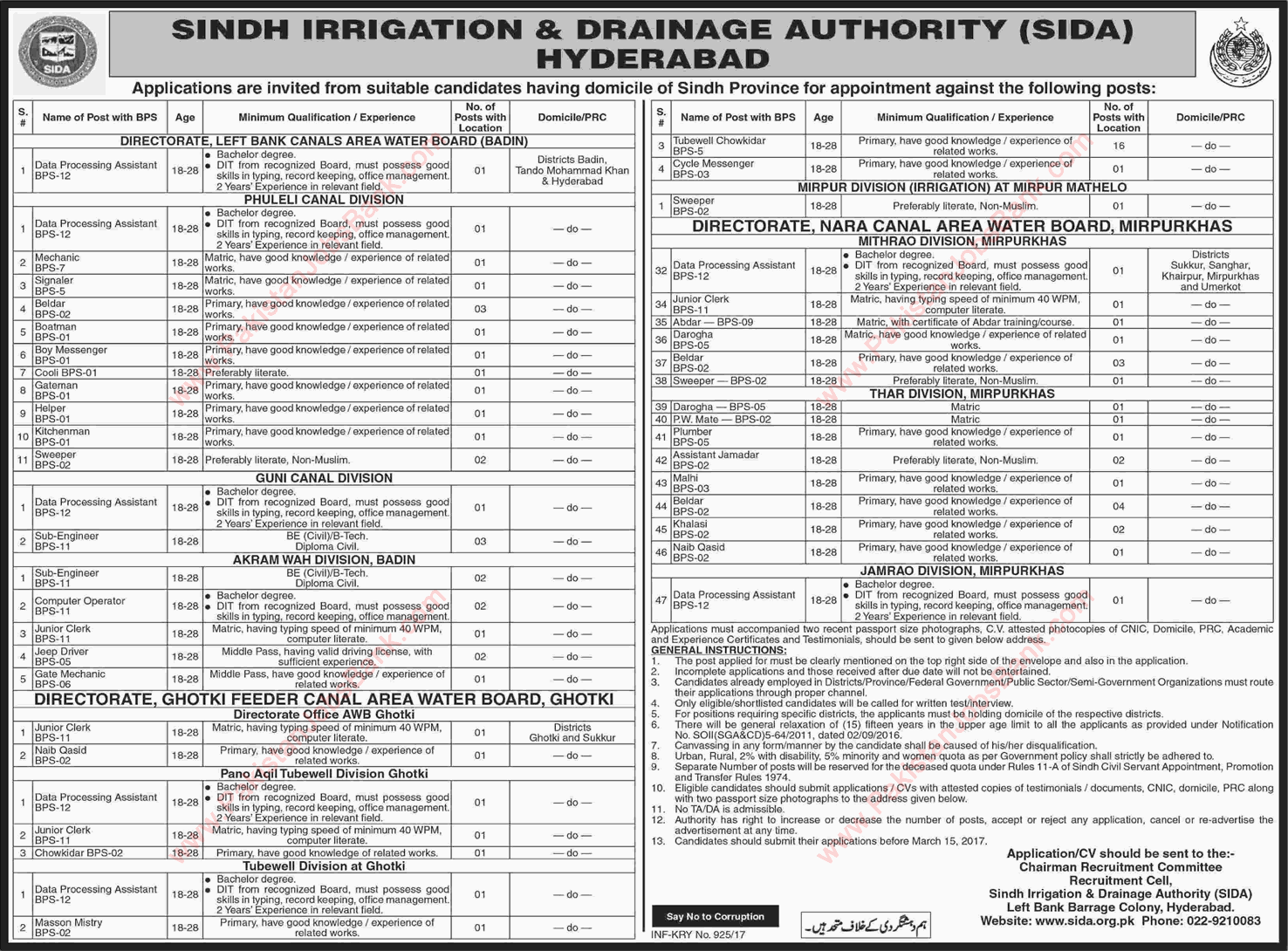 Sindh Irrigation and Drainage Authority Jobs 2017 February Chowkidar, Baildar, Clerks, Sweepers & Others SIDA Latest
