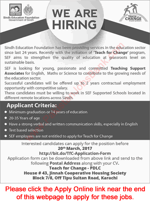 Sindh Education Foundation Jobs 2017 March SEF Apply Online Teaching Support Associates Latest