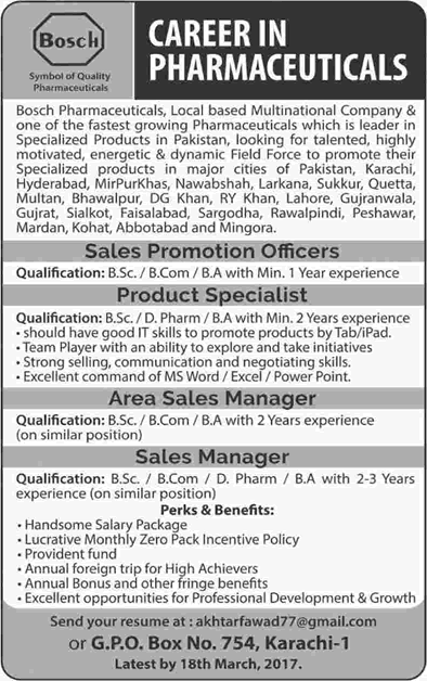 Bosch Pharmaceuticals Pakistan Jobs 2017 March Sales Managers, Promotion Officers & Product Specialist Latest