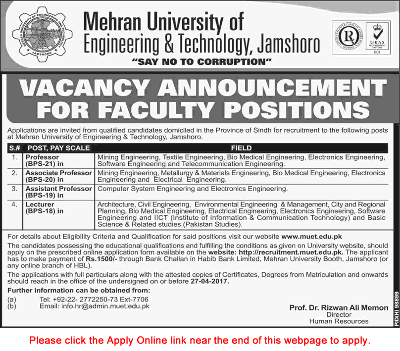 Mehran University Jamshoro Jobs 2017 March / April Apply Online Teaching Faculty MUET Latest