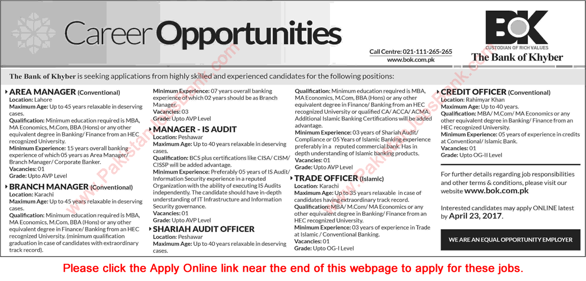 Bank of Khyber Jobs April 2017 Apply Online Branch Managers, Trade / Credit Officers & Others Latest