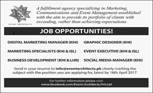Event Architects Pvt Ltd Jobs 2017 April Marketing Specialists, Graphic Designer & Others Latest