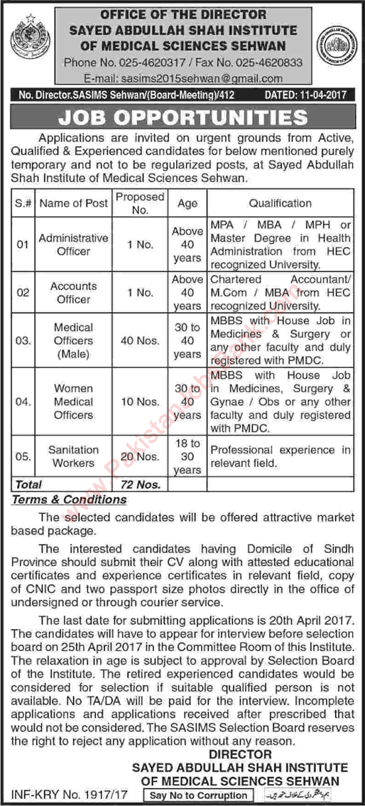Syed Abdullah Shah Institute of Medical Sciences Sehwan Jobs 2017 April Medical Officers & Others Latest