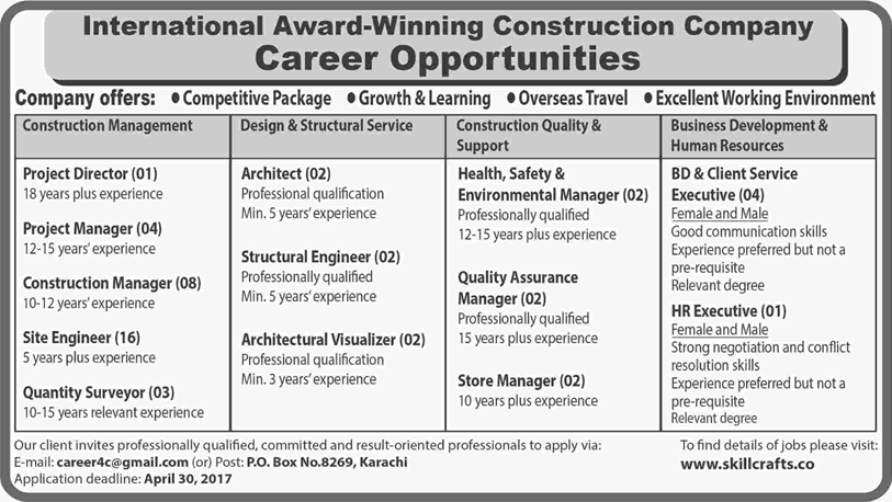 Construction Company Jobs in Karachi 2017 April Site Engineers, Construction Managers & Others Latest