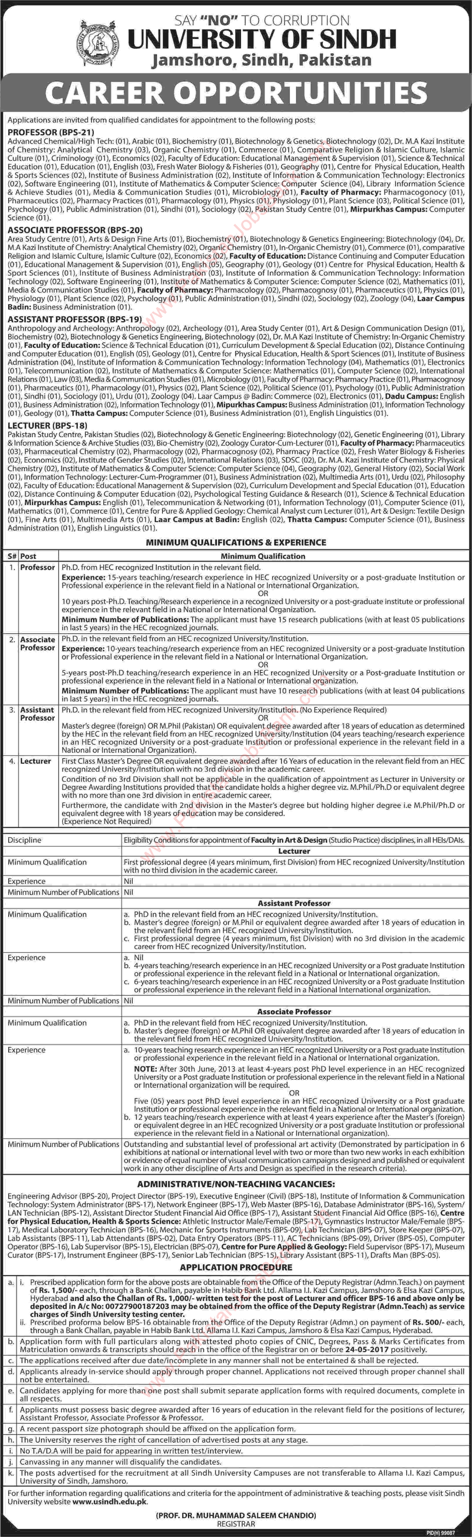 University of Sindh Jamshoro Jobs 2017 April / May Teaching Faculty, Admin Staff & Others Latest