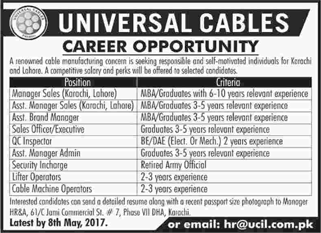 Universal Cables Industries Ltd Karachi / Lahore Jobs 2017 April / May Sales Managers, Lifter Operators & Others Latest