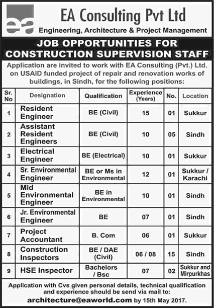 EA Consulting Pvt Ltd Jobs 2017 April Sindh Construction Inspectors, Resident Engineers & Others Latest