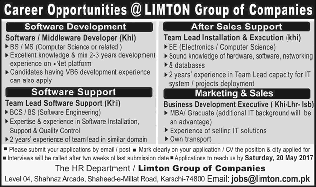 Limton Group of Companies Pakistan Jobs 2017 May Business Development Executives & Others Latest