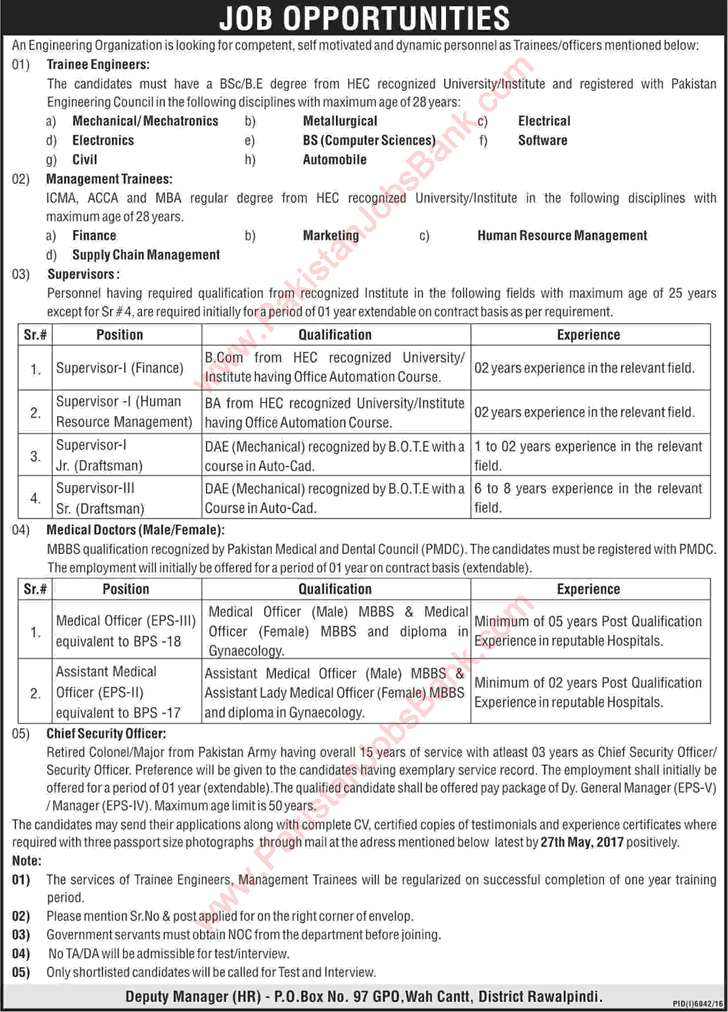 PO Box 97 GPO Wah Cantt Jobs 2017 May Management Trainees, Engineers, Supervisors & Others Latest
