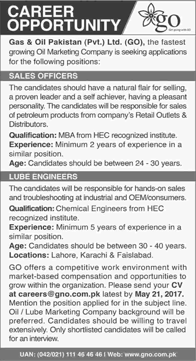 Gas and Oil Pakistan Pvt Ltd Jobs 2017 May Sales Officers & Lube Engineers Latest