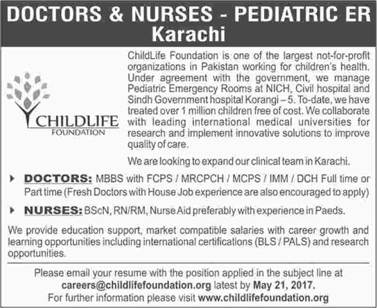 Child Life Foundation Karachi Jobs May 2017 Nurses & Doctors Pediatric Latest