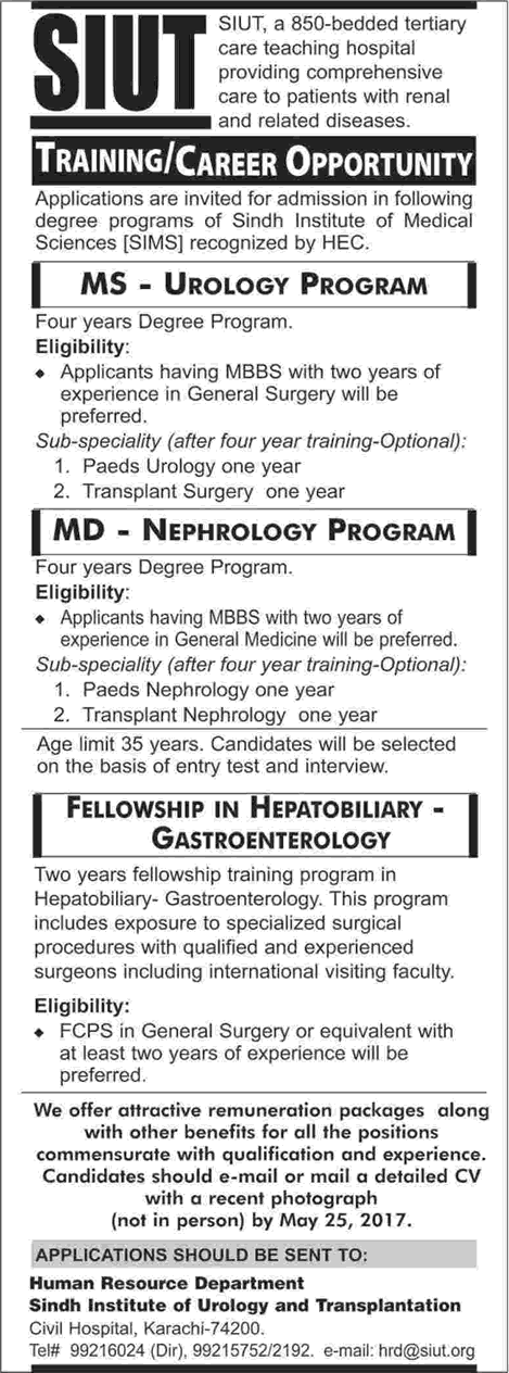 SIUT Karachi Jobs May 2017 Specialist Doctors & Fellowships in Hepatobiliary / Gastroenterology Latest