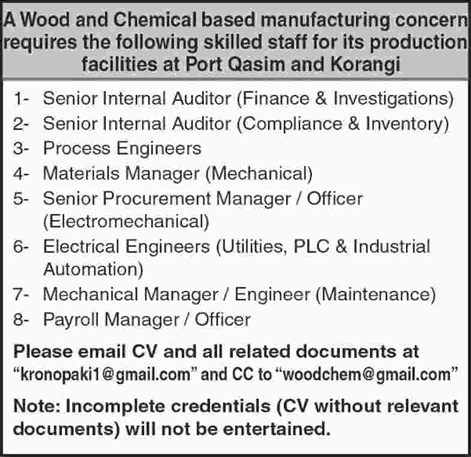 Wood & Chemical Manufacturing Company Karachi Jobs May 2017 Latest