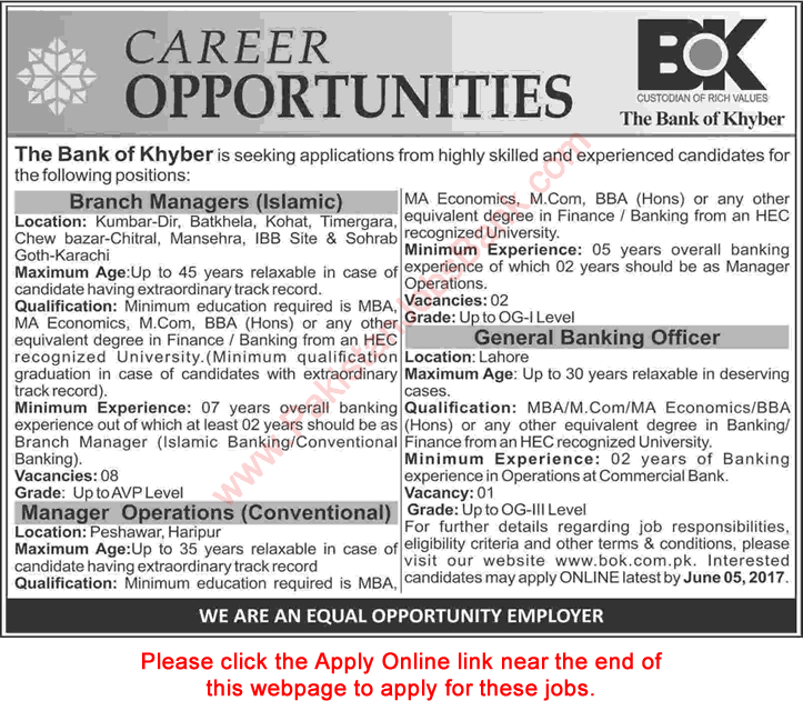 Bank of Khyber Jobs May 2017 June Apply Online Branch / Operations Managers & General Bank Officer Latest