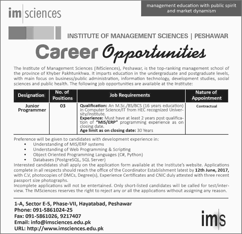 Programmer Jobs in Institute of Management Sciences Peshawar May 2017 June IMS Latest