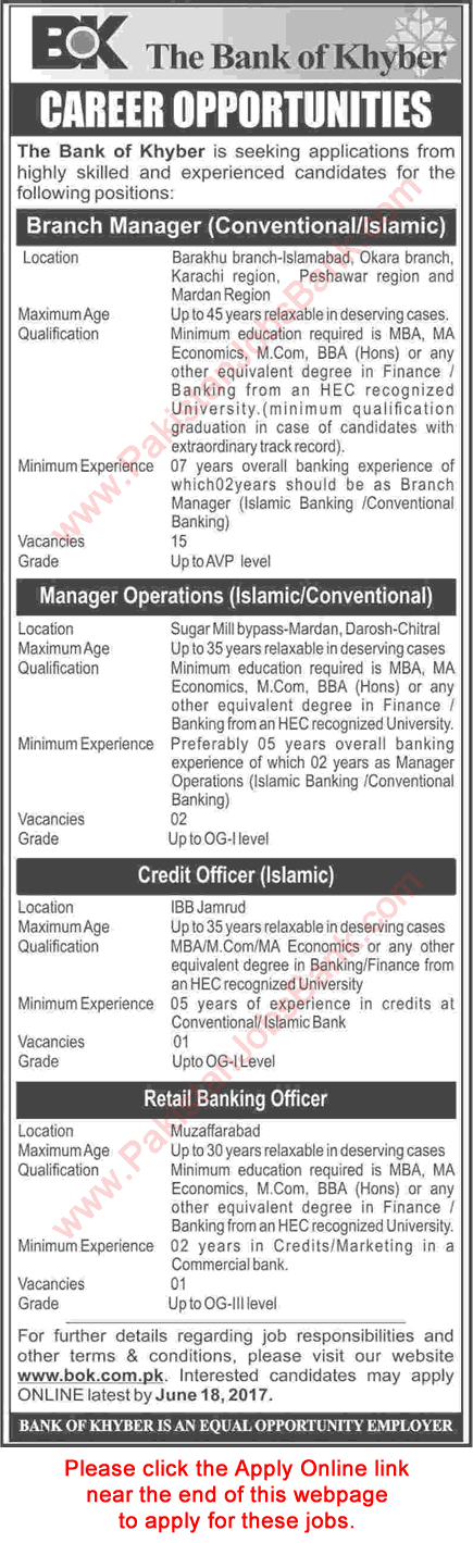 Bank of Khyber Jobs June 2017 Apply Online Branch / Operations Managers & Others Latest / New