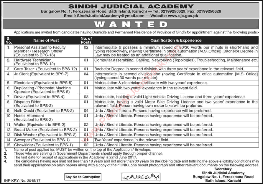 Sindh Judicial Academy Karachi Jobs 2017 June Clerks, Naib Qasid, Drivers, Chowkidar & Others Latest
