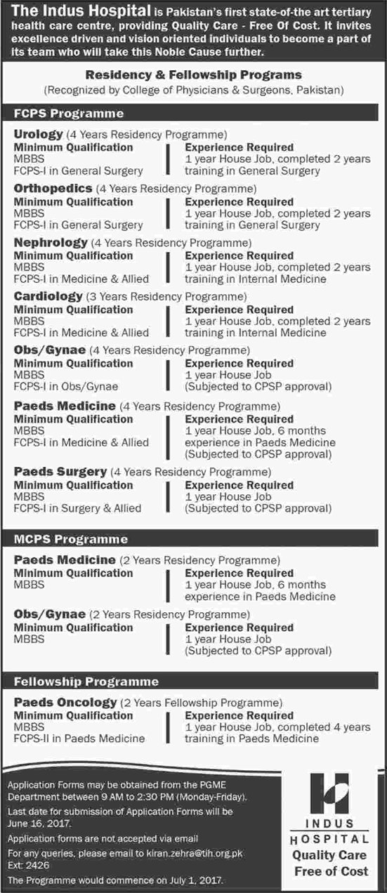 Indus Hospital Karachi Jobs June 2017 Residency & Fellowship Programs Latest