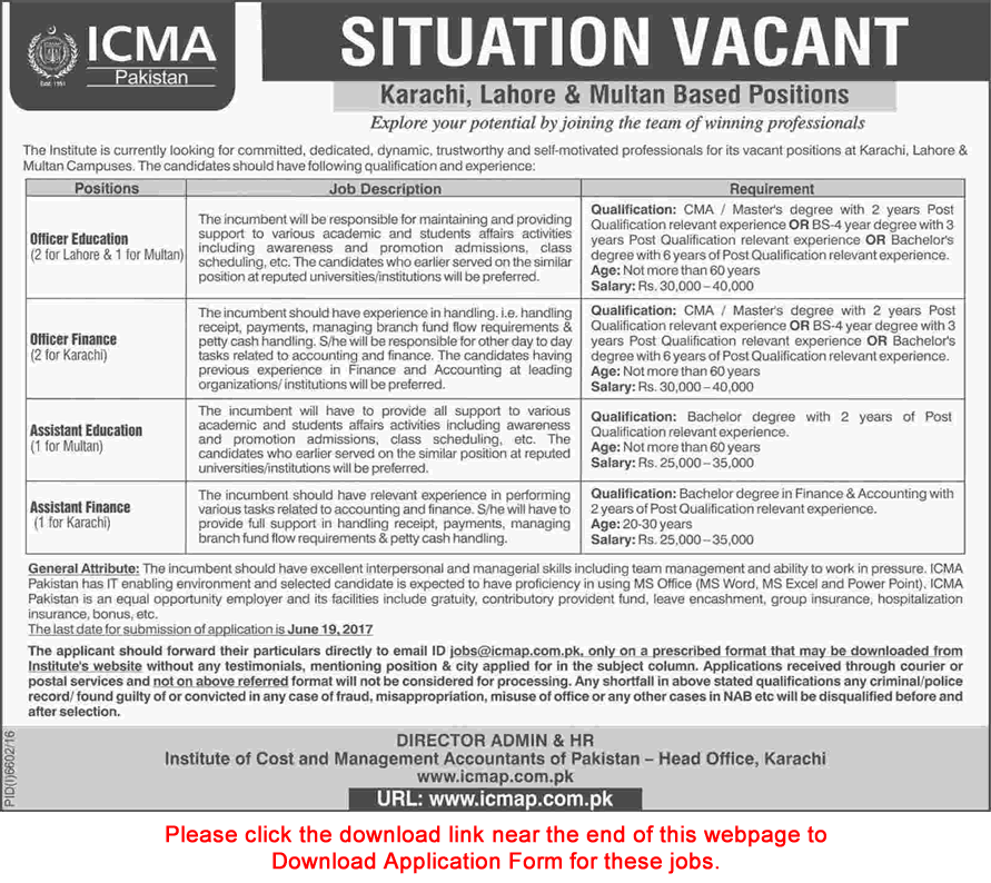 ICMA Pakistan Jobs 2017 June Application Form Education / Finance Officers & Assistants Latest