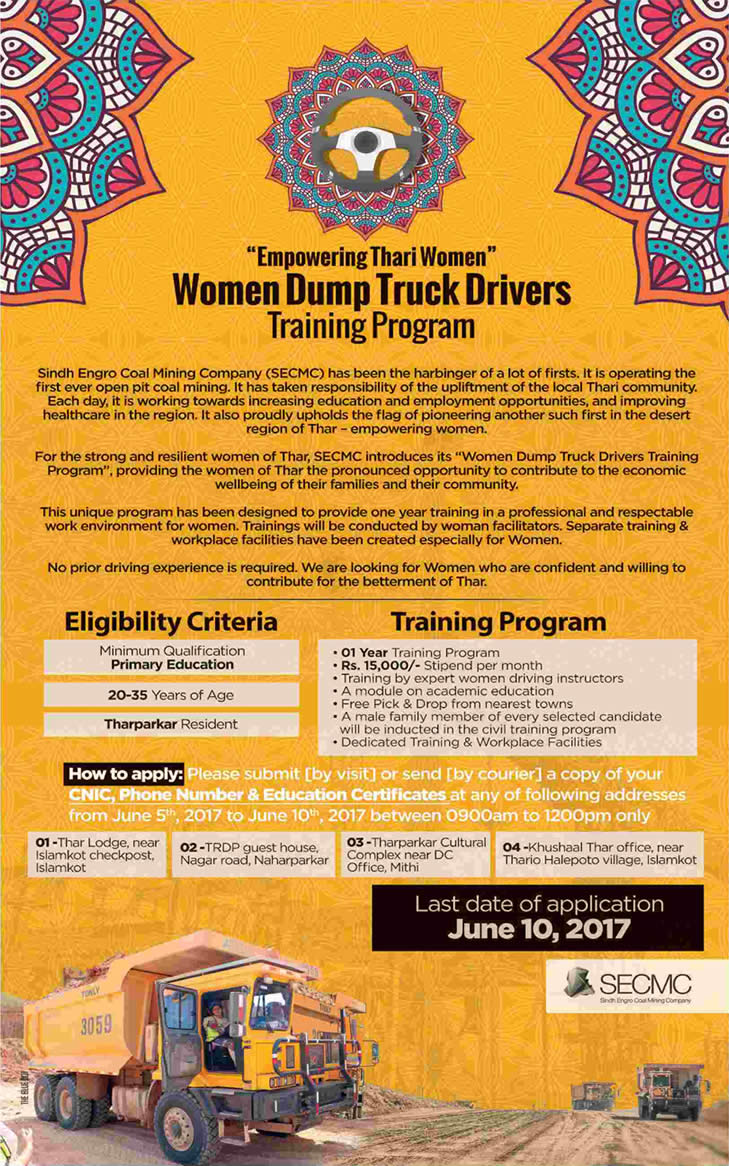 Sindh Engro Coal Mining Company Thar Jobs June 2017 Women Dump Truck Drivers Training Program Latest