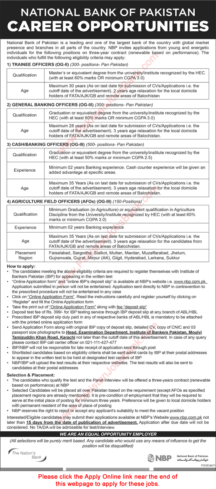 National Bank of Pakistan Jobs June 2017 Apply Online Cash / Banking Officers, Trainee Officers & Others NBP Latest