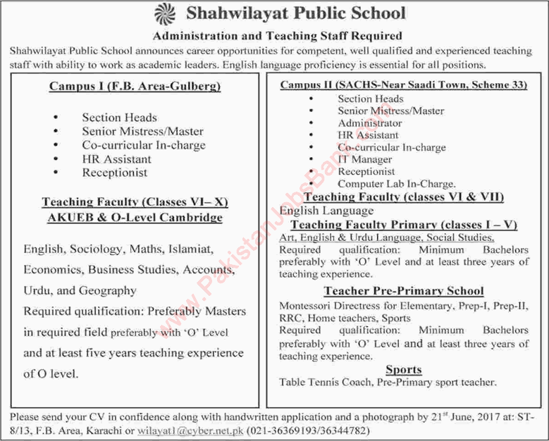 Shahwilayat Public School Karachi Jobs 2017 June Teachers, Admin & Other Staff Latest