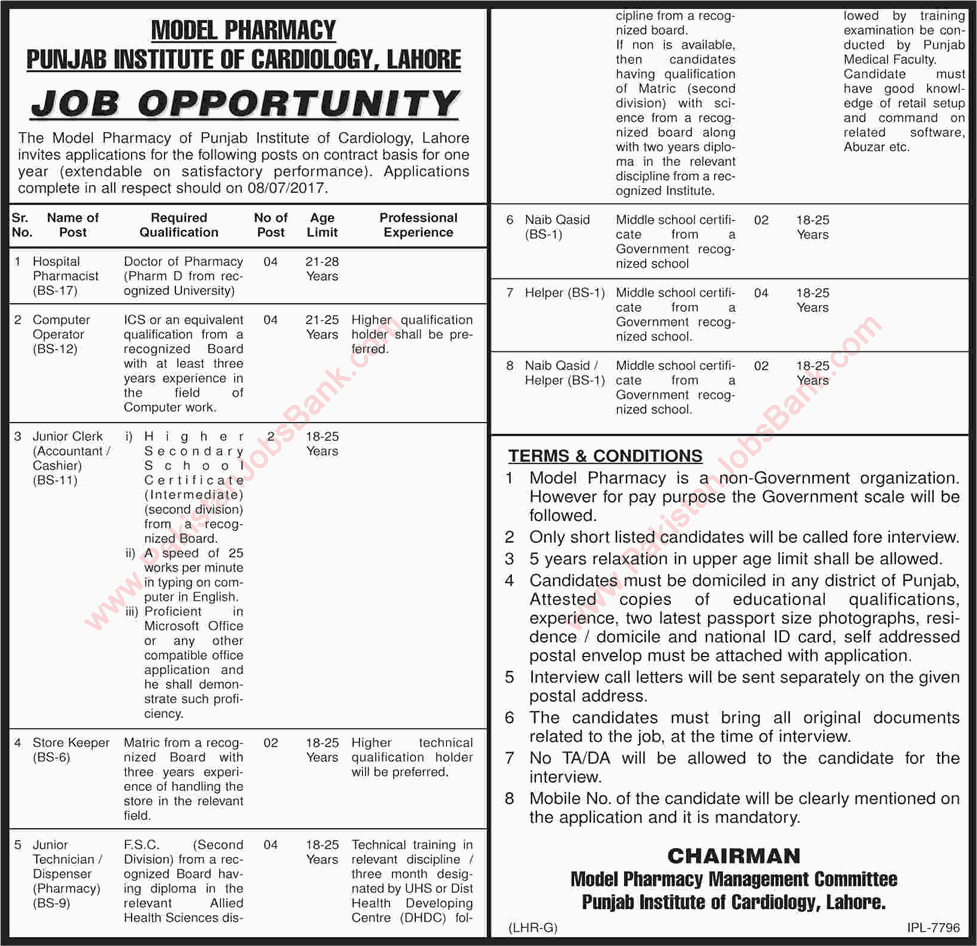 Punjab Institute of Cardiology Lahore Jobs June 2017 Computer Operators, Naib Qasid & Others PIC Latest