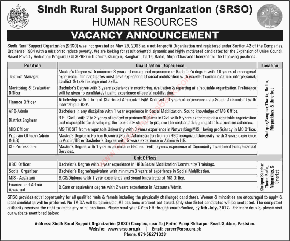 Sindh Rural Support Organization Jobs June 2017 Admin / Finance Assistant & Others Latest