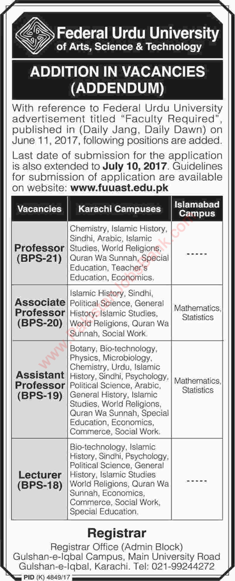 Federal Urdu University Islamabad / Karachi Jobs 2017 June Teaching Faculty Latest