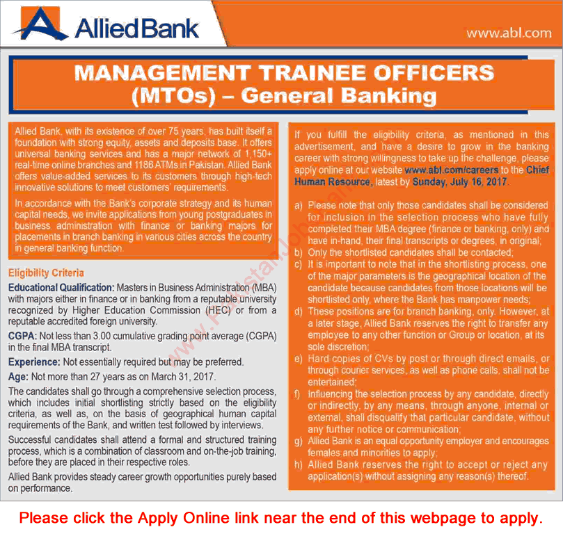 Allied Bank Jobs July 2017 Apply Online Management Trainee Officers MTO Latest
