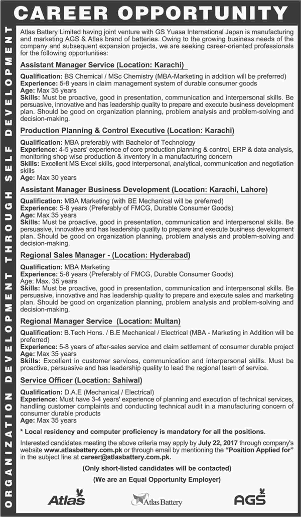 Atlas Battery Jobs July 2017 Business Development Manager, Service Officer & Others AGS Latest
