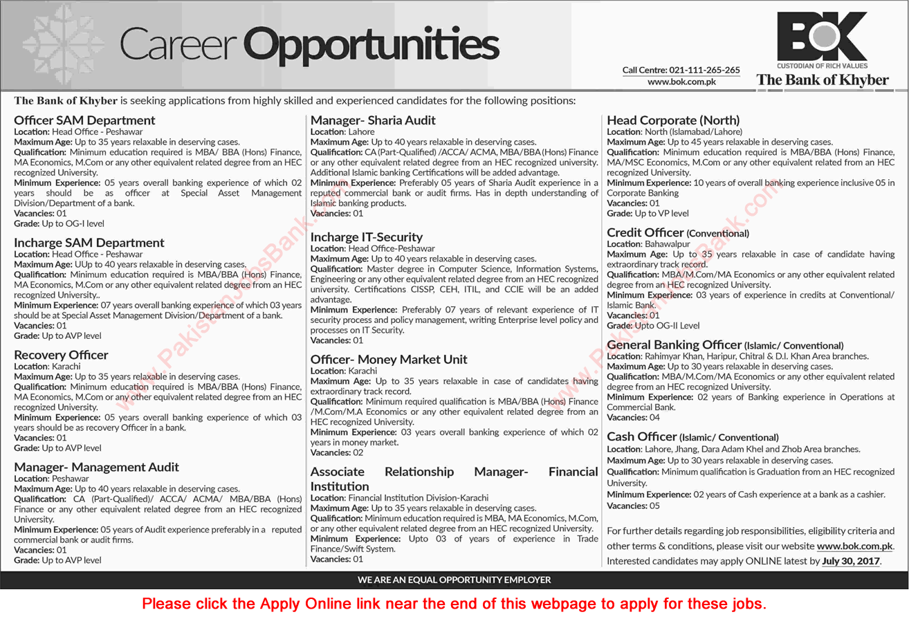 Bank of Khyber Jobs July 2017 Apply Online General Banking Officers, Cash Officers & Others Latest