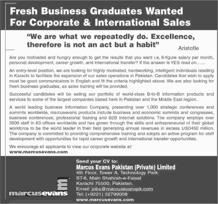 Business Graduate Jobs in Marcus Evans Pakistan 2017 July for Corporate & International Sales Latest