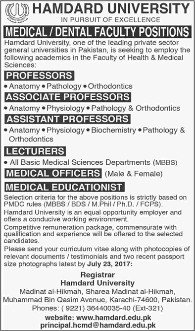 Hamdard University Karachi Jobs 2017 July Teaching Faculty, Medical Officers & Educationist Latest
