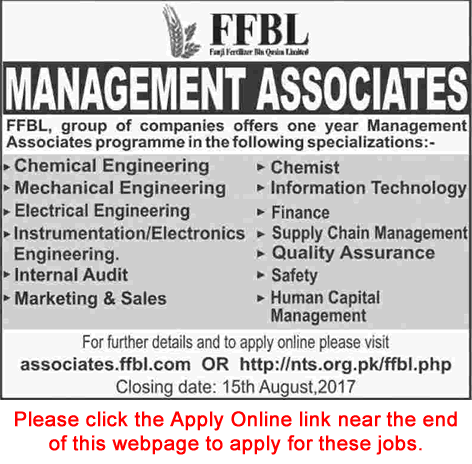 FFBL Management Associates Jobs 2017 July / August NTS Online Application Form Fauji Fertilizer Bin Qasim Limited Latest
