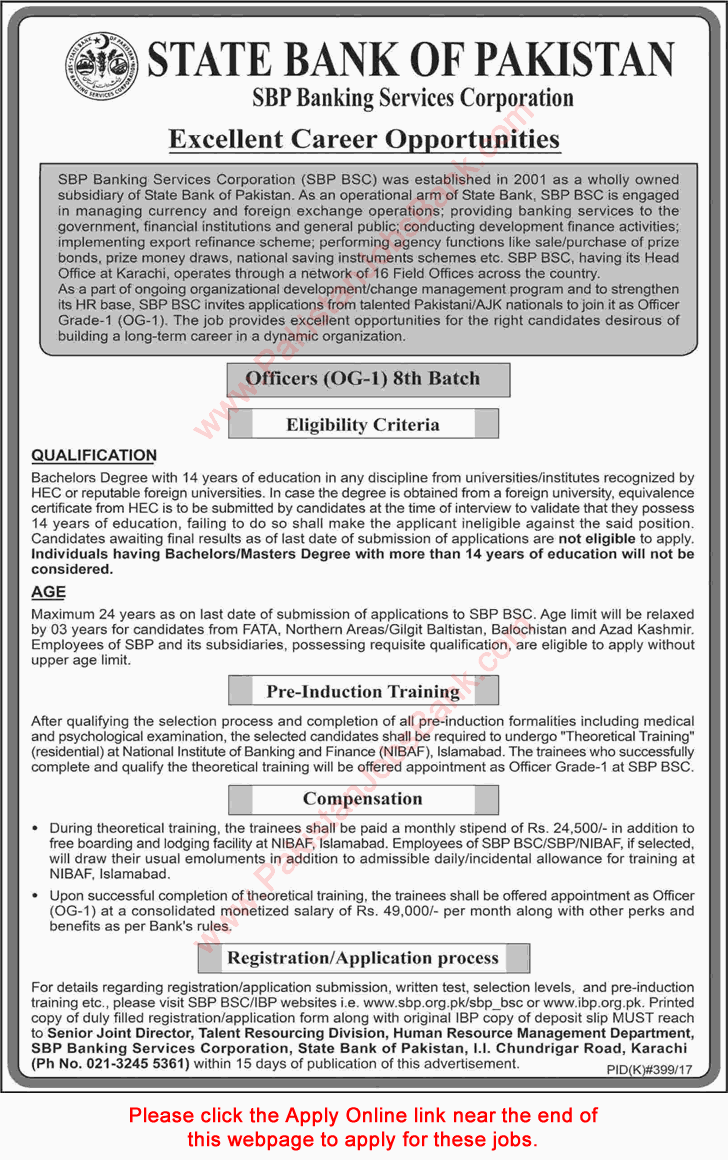 State Bank of Pakistan Jobs August 2017 Apply Online Officer Grade-I (OG-1) 8th Batch Latest