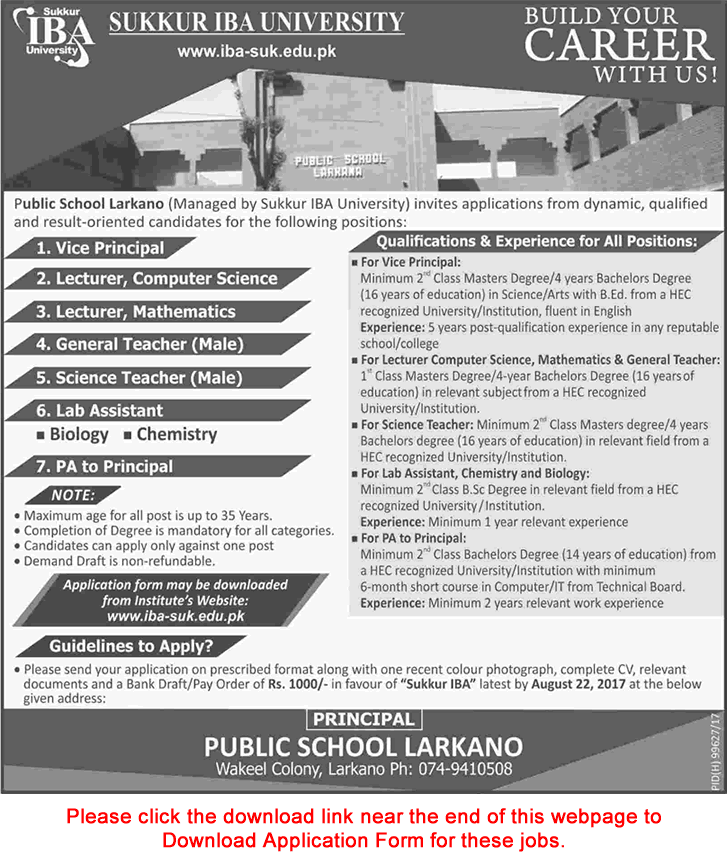 Public School Larkana Jobs August 2017 IBA Sukkur Application Form Teachers, Lecturers & Others Latest