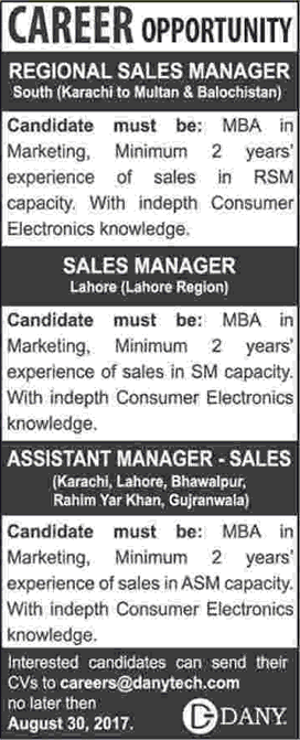 Dany Technologies Jobs 2017 August Regional / Sales Managers Latest