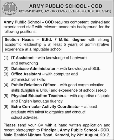 Army Public School COD Karachi Jobs August 2017 IT / Office Assistant & Others Latest