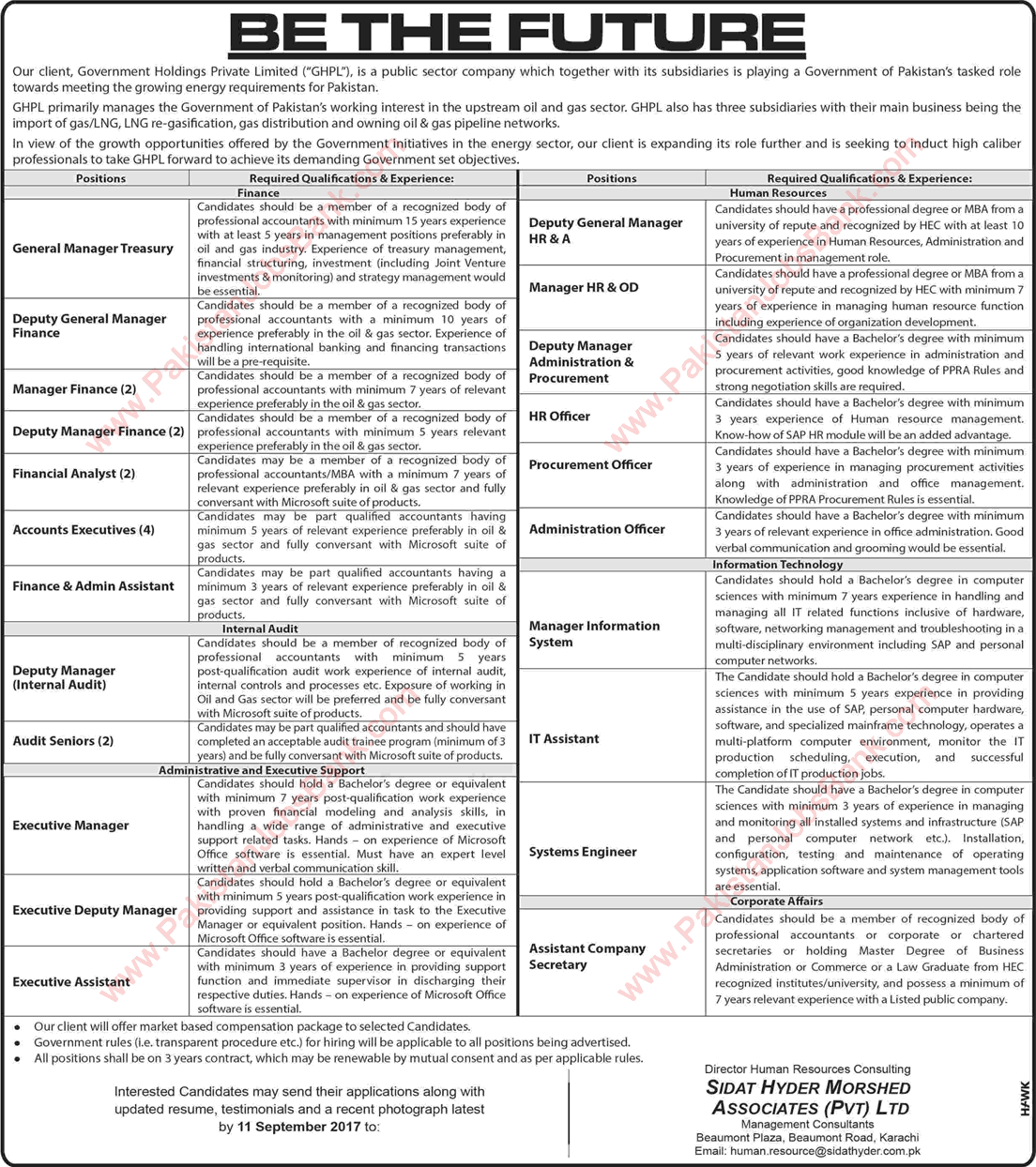 Government Holdings Private Limited Pakistan Jobs 2017 August GHPL Sidat Hyder Morshed Associates Latest