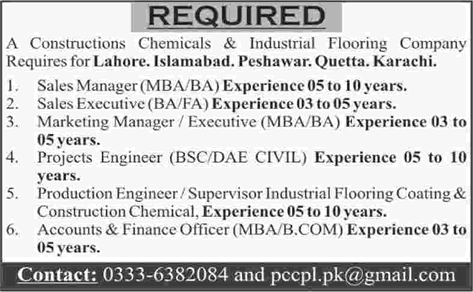 Construction Chemicals & Industrial Company Jobs Pakistan 2017 August Sales Manager & Others Latest