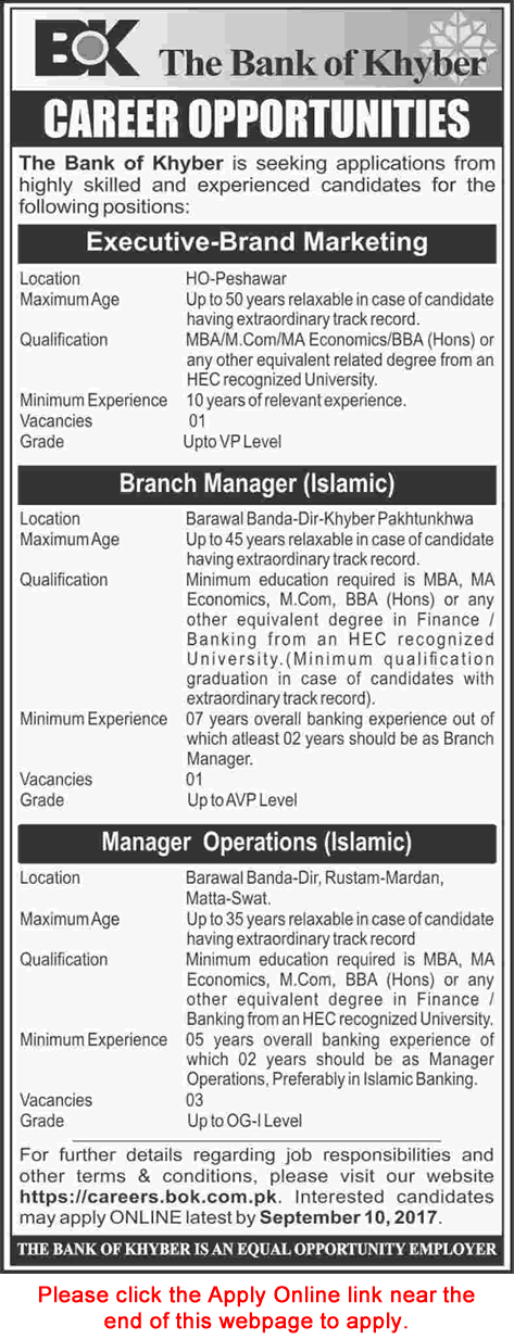 Bank of Khyber Jobs August 2017 September Operations / Branch Managers & Brand Marketing Executive Latest