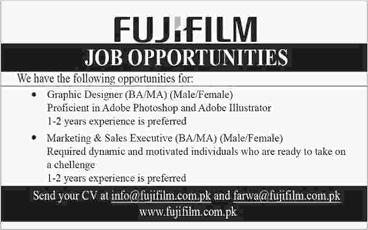 Fujifilm Pakistan Jobs 2017 August / September Graphic Designer, Marketing & Executive Latest