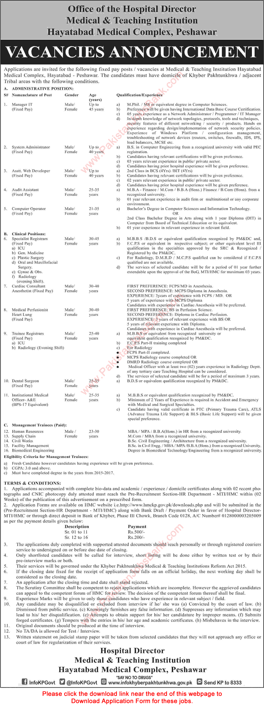 Hayatabad Medical Complex Peshawar Jobs September 2017 MTI Application Form Download Latest