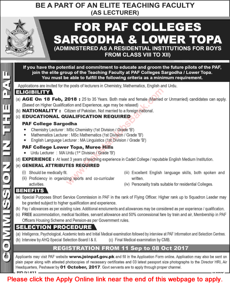 PAF Colleges Sargodha & Lower Topa Jobs 2017 September Lecturers Apply Online Latest