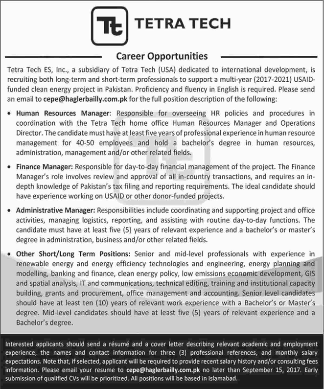 Tetra Tech Pakistan Jobs 2017 September HR / Finance / Admin Managers & Others Latest